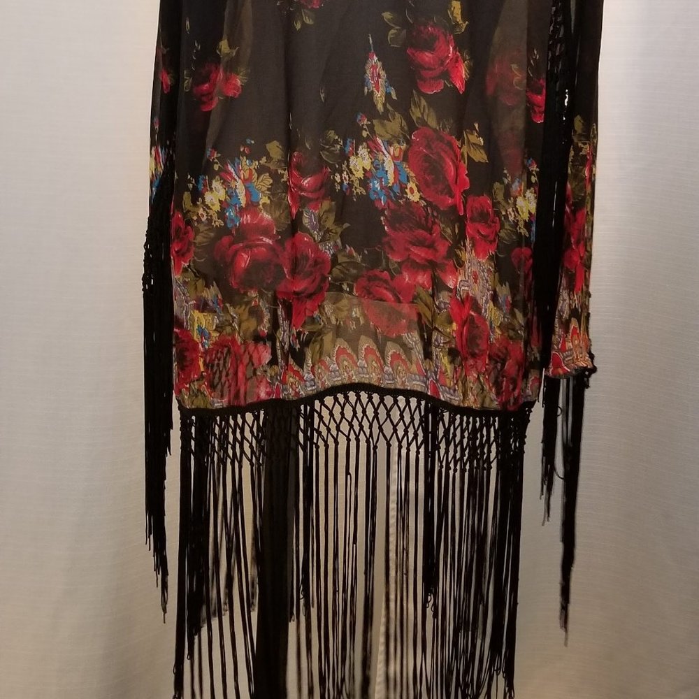 Sheer Black Floral Fringe Kimono S - Picture 5 of 9